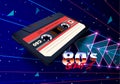 Compact cassette in space with laser rays and neon triangles for 80s styled new retro wave music party poster Royalty Free Stock Photo