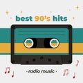 Best 90 s hits poster with compact cassette image. Vector retro style illustration Royalty Free Stock Photo