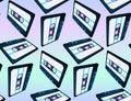 Compact cassette seamless pattern with floating or flying tape in vaporwave style