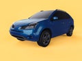 Compact city crossover blue color on a yellow background. Left front view. 3d rendering. Royalty Free Stock Photo