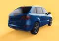 Compact city crossover blue color on a yellow background. Right rear view. 3d rendering. Royalty Free Stock Photo