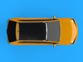 Compact city crossover yellow color on a blue background. The view from the top. 3d rendering. Royalty Free Stock Photo