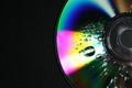 Compact disc with drops on black background, top view. Space for text Royalty Free Stock Photo