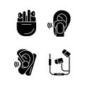 Compact in ear earphones black glyph icons set on white space