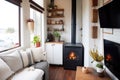 compact fireplace in a cozy tiny house living room