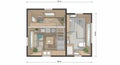 A compact floor plan of a small house shows a layout with two main sections. The Royalty Free Stock Photo