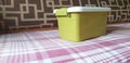 Green Food storage container placed on sofa