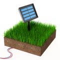 Compact garden solar panel on soil covered with grass. 3D illustration