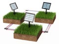 Compact garden solar panels on soil covered with grass. 3D illustration