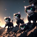 A compact group of urban cats with radiant neckwear at city ruins, showing smarts. AI generated