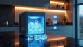 Compact home ice maker in modern digital kitchen, showing ice type options, production capacity with augmented reality interface. Royalty Free Stock Photo