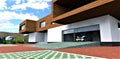 Compact hydrogen vehicle is leaving garage of futuristic eco-friendly suburban house. 3d rendering