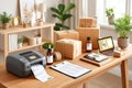 Compact label printer alongside boxed items and productivity tools on a wooden desk Royalty Free Stock Photo