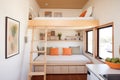 compact loft bed in a minimalist tiny home interior Royalty Free Stock Photo