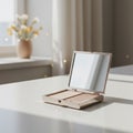 A compact makeup case with a mirror sits open on a white surface. The case contains Royalty Free Stock Photo
