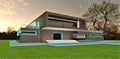 Compact modern cottage in an environmentally friendly area. Night lighting of the brick facade. 3D rendering