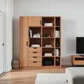 Compact modular storage unit with drawers and open shelving in a minimalistic living room with soft lighting and light colored