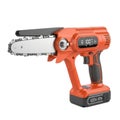 Compact orange electric chainsaw with battery pack isolated on white background Royalty Free Stock Photo