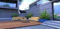 Compact patio in the courtyard of a modern house. Stairs down from the terrace to the seating area. Wooden flooring. Wall