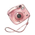 Compact pink instant photo camera isolated on white background. Watercolor handrawn illustration. Art for fashion design Royalty Free Stock Photo