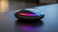 A compact portable device resembling a sleek pebble equipped with biometric sensors that analyze environmental