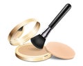 Compact powder with brush applicator and sponge. Round gold case with mirror. Cushion face foundation case. 3d vector realistic Royalty Free Stock Photo