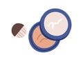 Compact powder case. Round makeup container with cosmetic, soft puff, sponge applicator. Face bronzer, highlighter in round case Royalty Free Stock Photo