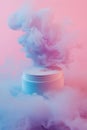 Compact powder emerging from a conceptual cloud of pastel smoke. Royalty Free Stock Photo