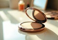 Compact powder makeup case with mirror on a bright, reflective surface Royalty Free Stock Photo
