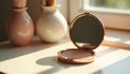 Compact powder makeup open mirror on table by the window in room. Spring and summer make-up, selfcare and beauty routine Royalty Free Stock Photo