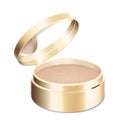 Compact powder in round gold case with mirror. Cushion face foundation case. 3d vector realistic cosmetics isolated on white Royalty Free Stock Photo