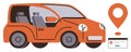 Red compact car with map pin and error notification concept of navigation issue Royalty Free Stock Photo