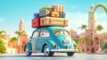 A compact retro car, rooftop loaded with luggage and beach essentials