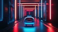 A compact robotic assistant navigates a futuristic corridor with glowing lights and sleek architecture in a high-tech environment Royalty Free Stock Photo