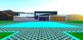 Compact smart cottage on the sunny mountains plato. Concrete grid pavement around the big swimming pool. 3d rendering