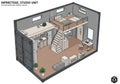 Compact studio unit design with a lofted bedroom. Features include a kitchenette Royalty Free Stock Photo