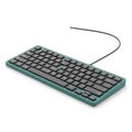 Compact teal mechanical keyboard with black keys and a black coiled cable on a white background Royalty Free Stock Photo