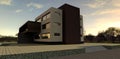 Compact technological office building in the evening park. Cobblestones, wide staircase. Cloudy starry sky. 3d render