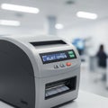 A compact thermal label printer is on a white surface in a bright office setting. It has a Royalty Free Stock Photo