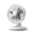Compact white desk fan with a rounded design, multiple blades, tilting head, and a stable small base, ideal for personal cooling Royalty Free Stock Photo
