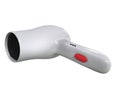 Compact white hairdryer with big red button