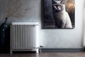 compact white heating radiator installed near the picture with image of gray cat