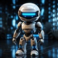 Compact White Robotic Figure with Blue Visor and Articulated Limbs in a Tech Facility. AI generation