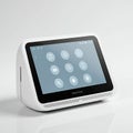 Compact white smart display with a touchscreen interface. The screen shows various Royalty Free Stock Photo