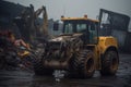 Compactor at a landfill stands in surroundings a pile of trash in the rain, Generative AI Royalty Free Stock Photo