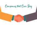 Companies that Care Day cartoon hand drawn style flat vector design illustrations. Concept of businessman shakes hands.