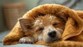 Companion dog with whiskers and fur sleeping under a blanket on a couch Royalty Free Stock Photo
