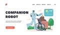 Companion Robot Landing Page Template. Cyborg Walk with Handicapped Senior Male Character Sitting in Wheelchair