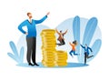 Company business team together jumping, joyful success businessman and businesswoman, gold stack coin flat vector