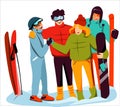 A company of cheerful skiers and snowboarders, laughter is a joyful active rest. Vector colorfull illustration.